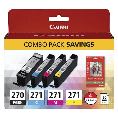 Canon Ink/Paper Combo 0373C005 (PGI-270/CLI-271), Black/Tri-Color, PK4 0373C005